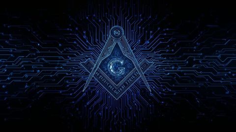 Glowing masonic symbol in digital circuit theme