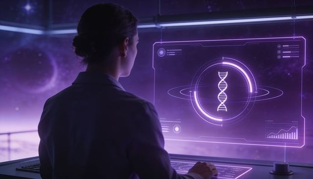 Female scientist analyzing holographic dna helix at futuristic lab console