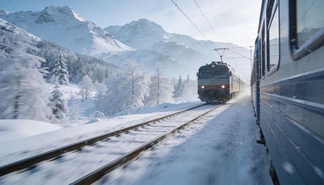 Electric train charging through snowy alpine valley beside passing railcar, winter travel