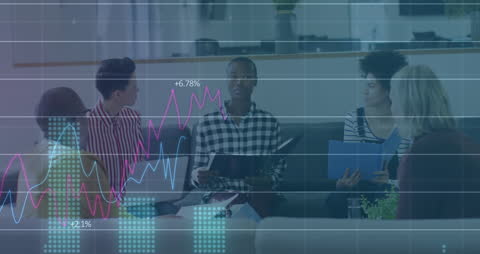 Diverse Team Collaborating with Financial Data Analytics Overlay