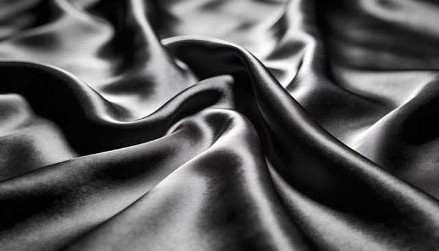 Black satin fabric draping with high-gloss highlights and smooth silk texture