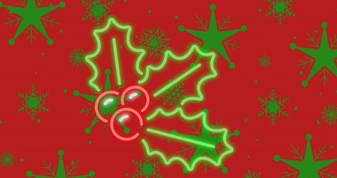 Festive Holly and Snowflakes on Christmas Red Background