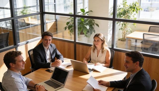 Business team collaborating and reviewing documents with laptops in modern glass boardroom
