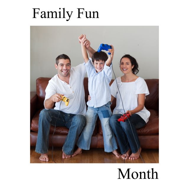 Composite of family fun month text and caucasian parents playing video game with cheerful son. Copy space, technology, home, family, love, togetherness, childhood, enjoyment and celebration concept.