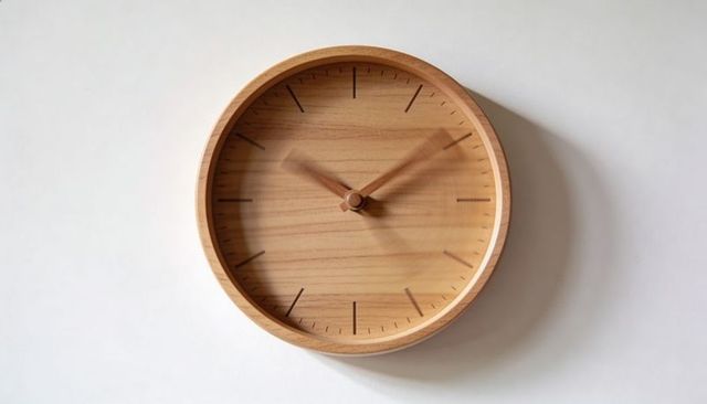 Round Wooden Wall Clock Ticking with Blurred Hands Casting Soft Shadow on Neutral Wall