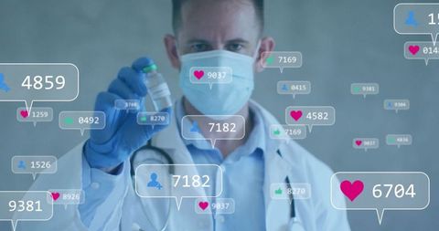 Scientist Analyzing Data with Social Metrics Overlay in Laboratory