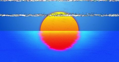 Glitch Art Sunset Over Vibrant Ocean