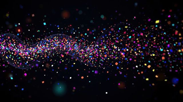 Dynamic Swirling Ribbon with Multicolored Pixels in Digital Void