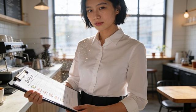 Sunlit barista holding daily checklist checking tasks for cafe manager small business