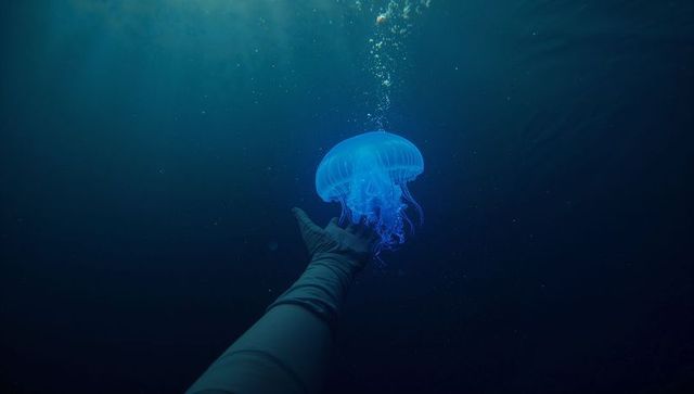 Diver Reaching Towards Bioluminescent Jellyfish in Ocean