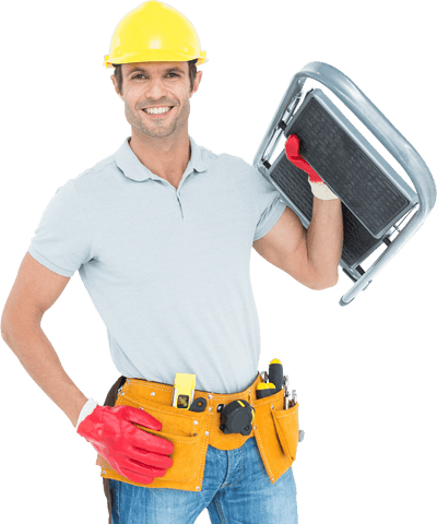 Confident Construction Worker Carrying Step Ladder Transparent Background