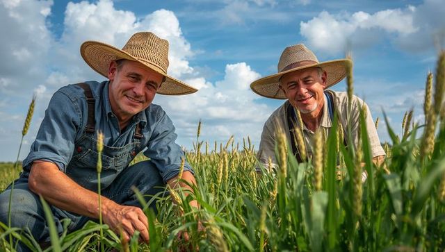 Smiling farmers inspecting wheat crop together in sunlit field wearing straw hats and denim overalls