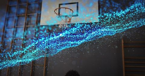 Vibrant Blue Digital Particles Surround Gym Basketball Hoop