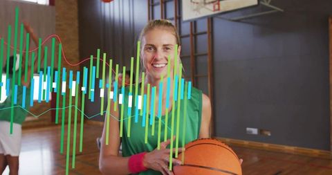 Female basketball player holding ball on court with sports data visualization overlay
