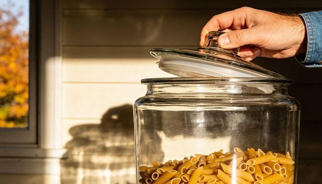 Lifting glass jar lid revealing penne pasta in sunlit autumn pantry by window
