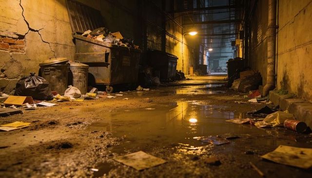 Puddle reflecting lamplight in gritty overflowing dumpster alley at night