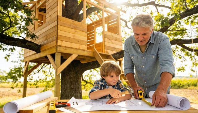 Grandfather and grandson planning treehouse construction using blueprints and tape measure