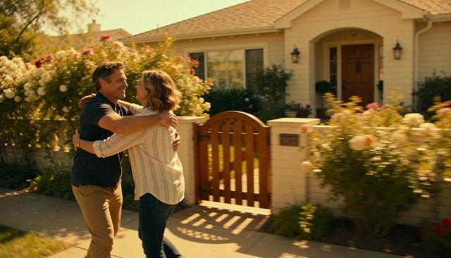 Middle-aged couple hugging on sunny suburban sidewalk by wooden gate and rose garden