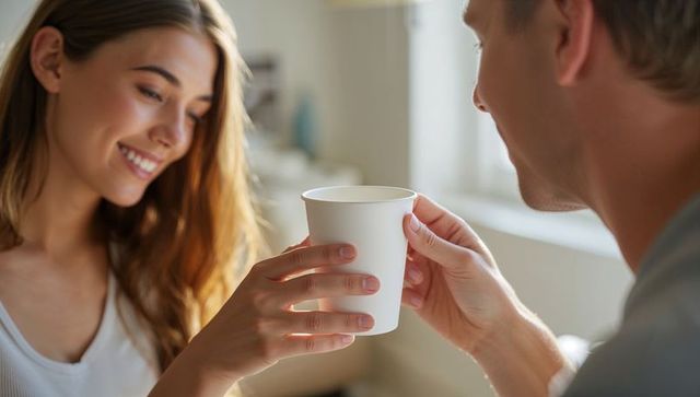 Smiling couple sharing paper cup in sunlit kitchen, woman handing warm drink, intimate closeup