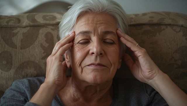Senior woman massaging temples experiencing headache relief on patterned sofa