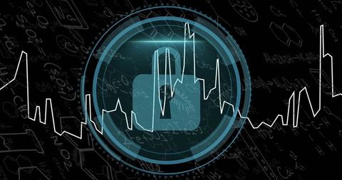 Padlock shield hud with pulsing waveform visualizing cybersecurity encryption and protection