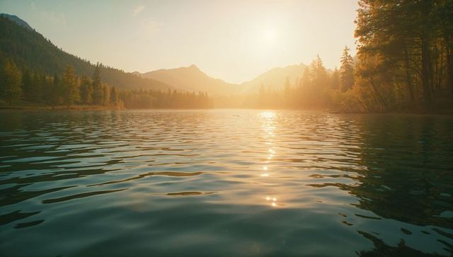 Peaceful Mountain Lake Reflecting Golden Sunrise