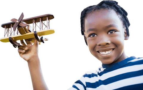Cheerful Child Enjoying Playing with Vintage Toy Airplane Transparent Background