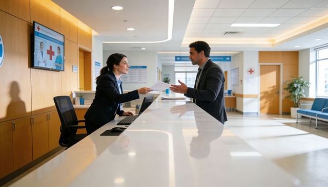 Clinic receptionist handing forms to visitor at modern hospital reception desk