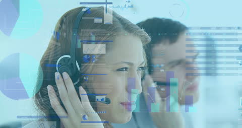 Business Team Analyzing Data with Headsets and Holographic Interface