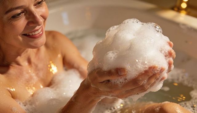 Smiling middle-aged woman holding rich bath foam in luxurious golden bathtub close-up
