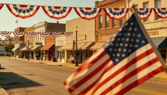 Framing large american flag blocking right view of small-town main street with bunting