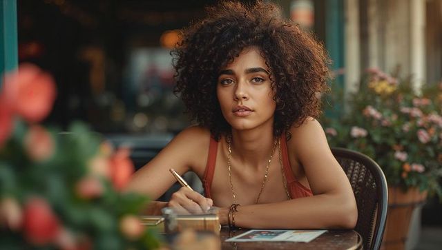 Curly-haired woman journaling outdoors in relaxed bistro atmosphere