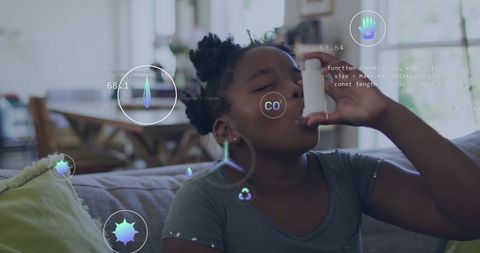 Child using inhaler with superimposed eco and tech icons