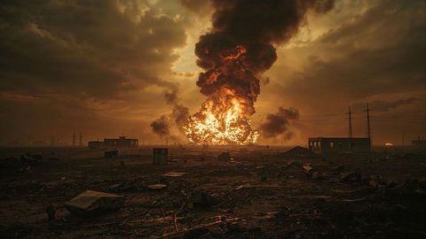Apocalyptic fireball airstrikes explosion on devastated landscape