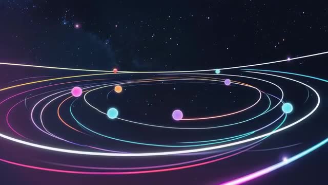 Glowing Spheres Orbiting on Neon Trails in Mystical Space