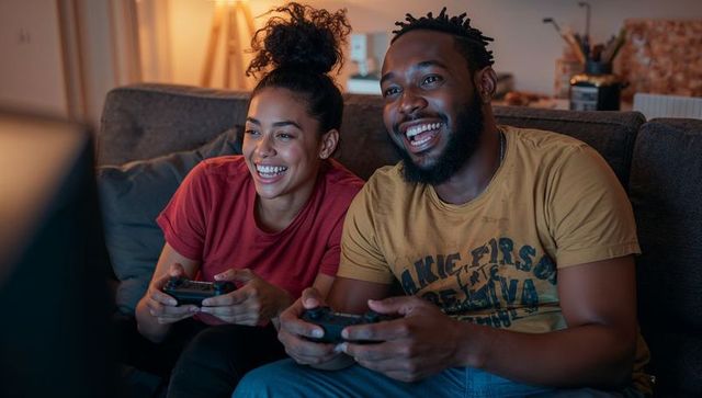 Couple enjoying video games together in cozy home setting