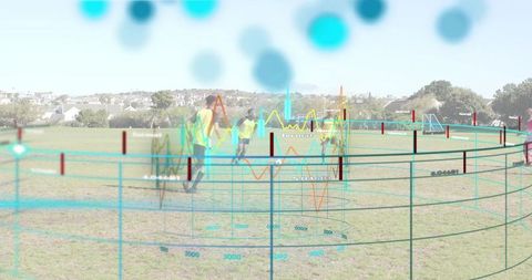 Youth soccer training with holographic performance analytics overlay on suburban pitch