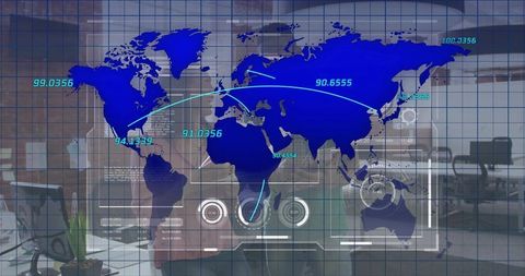 Holographic world map dashboard with business team collaborating in modern boardroom for global anal