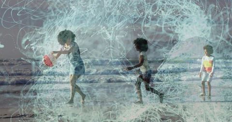 Family walking on sunlit shoreline, kids carrying red bucket, swirling light-trail overlay
