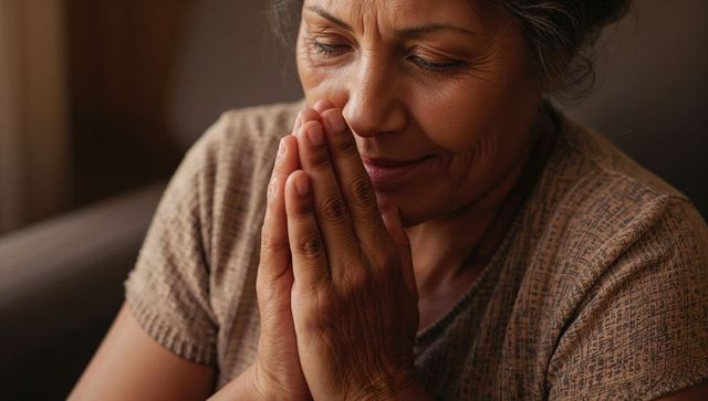 Serene senior woman praying and reflecting with clasped hands near face, soft sidelight