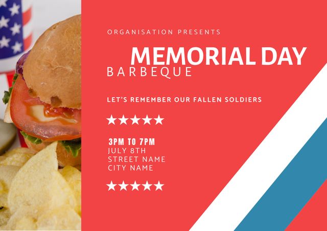 Patriotic Memorial Day BBQ Invitation with Burger and Flags - Download Free Stock Templates Pikwizard.com