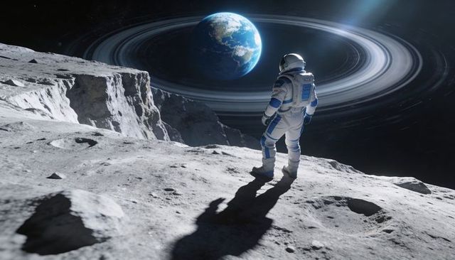 Astronaut Standing on Lunar Cliff Gazing at Ringed Earth-Like Planet with Dramatic Shadows