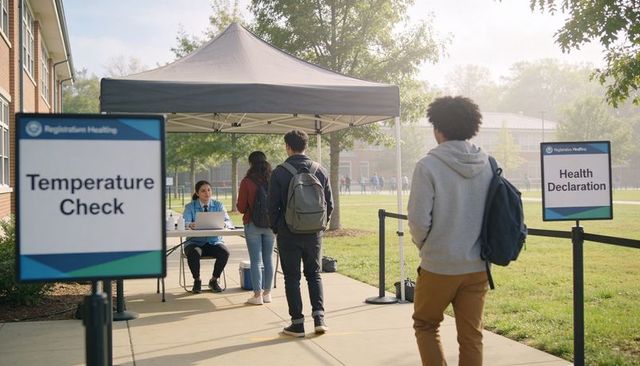 Students queuing at campus health screening canopy for temperature check and declaration