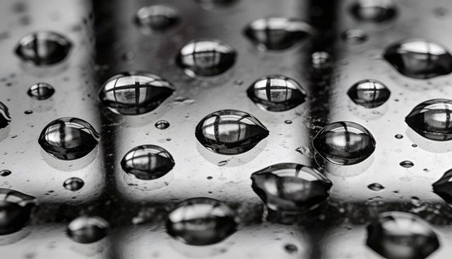 Reflecting window grid in macro water droplets on glass surface monochrome abstract