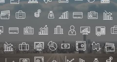 Economy and Technology Icons Overlay Urban Landscape