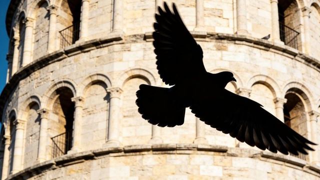 Backlit pigeon silhouette flying across historic circular stone tower with arched openings