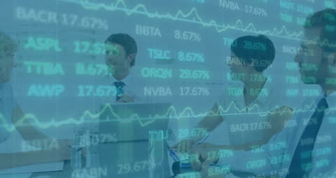 Colleagues Brainstorming with Stock Market Data Overlay