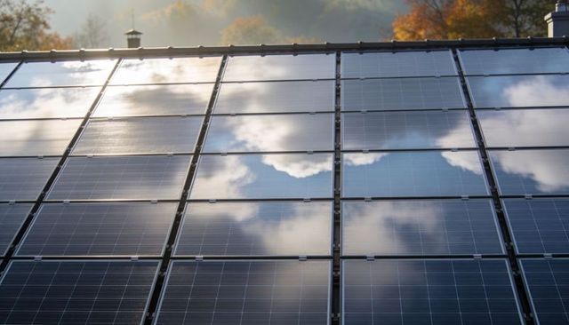 Rooftop Solar Panels Reflecting Clouds and Autumn Foliage, Photovoltaic Array Closeup