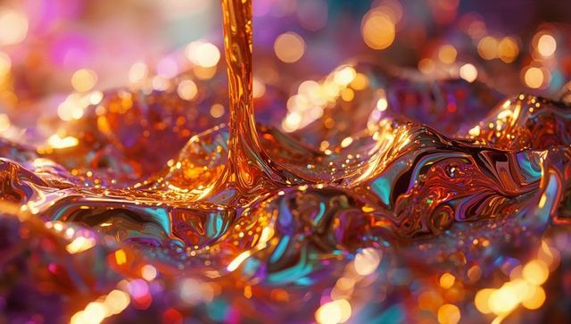 Pouring metallic liquid with gold and blue iridescence