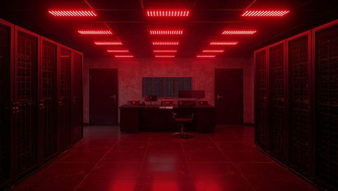 Red-lit data center control console glowing between server racks with monitors